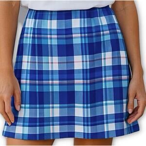 LL Bean Madras Plaid Skirt Blue Cotton A Line Preppy Petite 14P